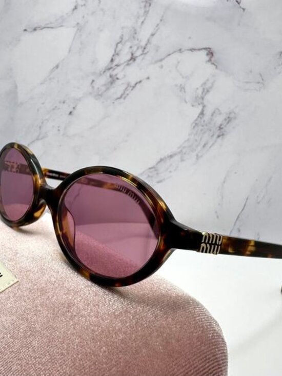 New MIU MIU Sunglasses Brown Tortoise Round Acetate Gold Metal Logo Authentic main image 11